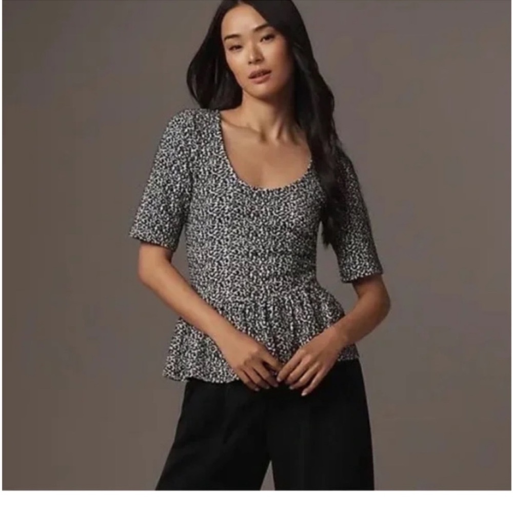 Maeve Black and White Speckled Peplum Knit Top